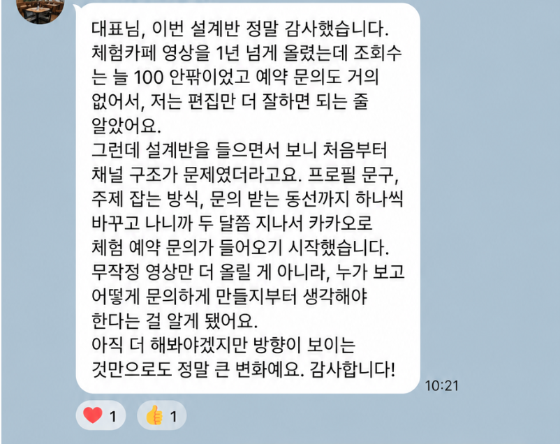 체험카페 채널 구조를 정리한 뒤 예약 문의가 시작됐다는 후기